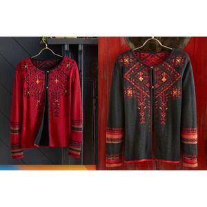 Tey Art Embroidered Sweater Medium M Cardigan Alpaca Wool Peruvian Reversible